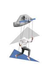 Collage image of human big arm hold faceless weird person running moving hanging strings isolated...
