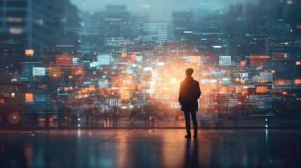 Dynamic interaction among employees in a high-tech office cityscape background digital art urban environment futuristic viewpoint collaborative concept