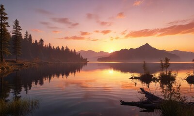 Obraz premium A tranquil scene unfolds as the sun dips below the horizon over the lake, tranquil, serene