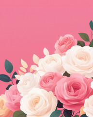 Elegant pink and white roses with green leaves on vibrant pink background