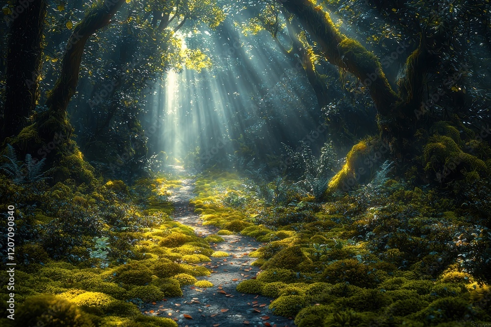 Poster discovering a mystical forest path bathed in sunlight and soft moss inviting exploration and wonder