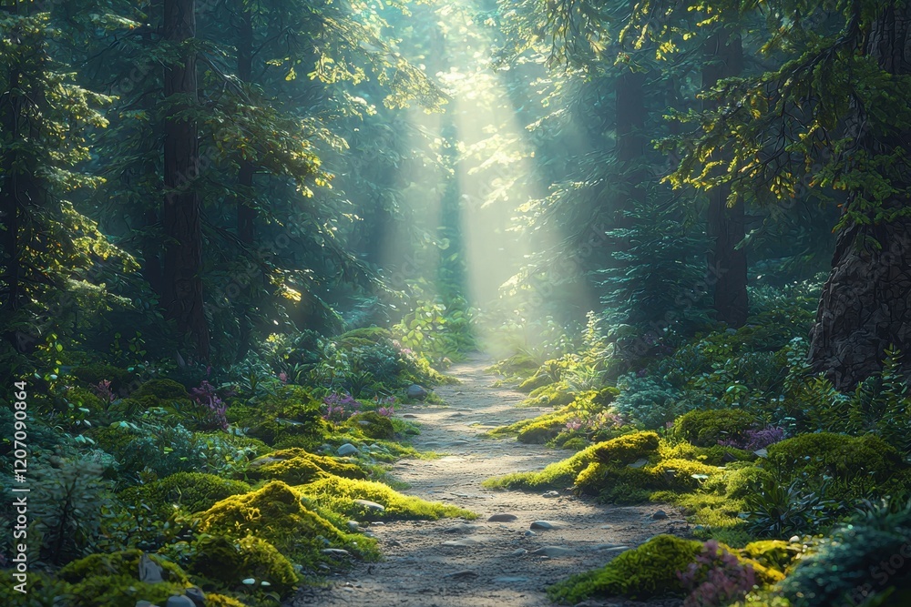 Poster enchanted forest path illuminated by soft sunlight filtering through treetops in a serene woodland s