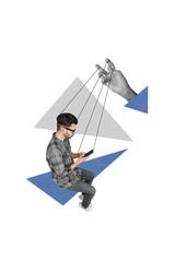 Collage image of arm hold strings guy read wrong false info addiction concept isolated on drawing...