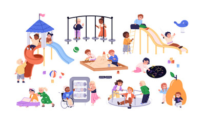 Kids playing on playground. Happy preschool children during game activities with slides, sandbox, merry-go-round, outdoor toys. Kindergarten fun. Flat vector illustration isolated on white background