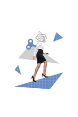 Collage image poster of confident purposeful no face girl walking moving go isolated on drawing...