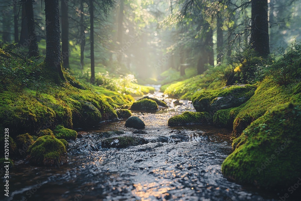 Aufkleber enchanted forest stream flowing gently through lush greenery in a tranquil setting under soft sunlig