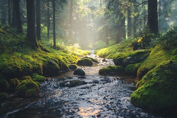 Obraz premium Enchanted forest stream flowing gently through lush greenery in a tranquil setting under soft sunlight