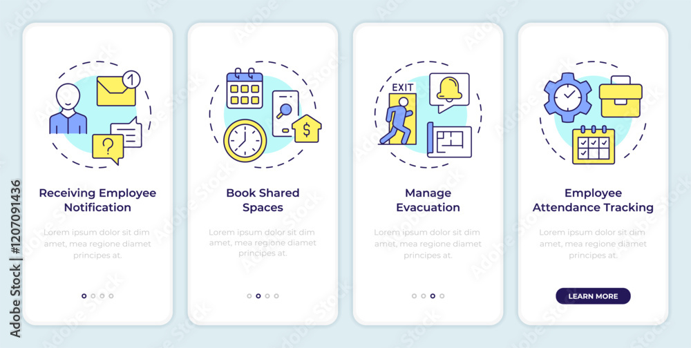 Poster visitor management system features onboarding mobile app screen. walkthrough 4 steps editable graphi