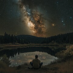 Stargazing Person Enjoys Clear Night Sky with Topaz Glow Reflection