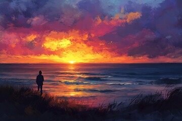 Obraz premium Person Watching a Sunset Over the Ocean in Topaz Hues