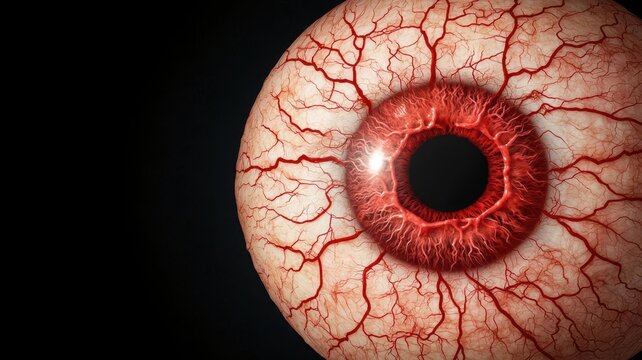Illustration of conjunctival melanoma, showing a dark lesion on the surface of the eye with inflamed veins