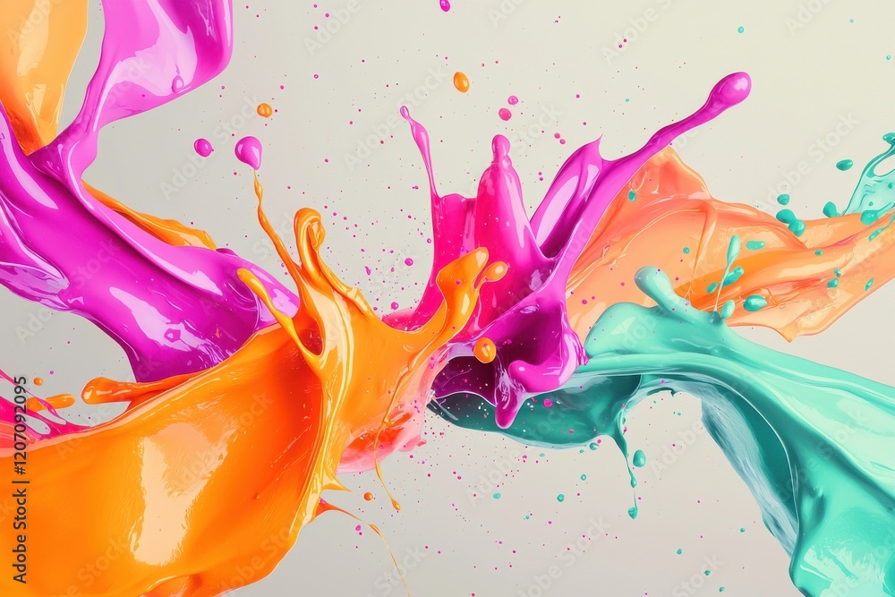 Poster energetic abstract pattern created by splashes of vibrant paint in striking colors on a light backgr