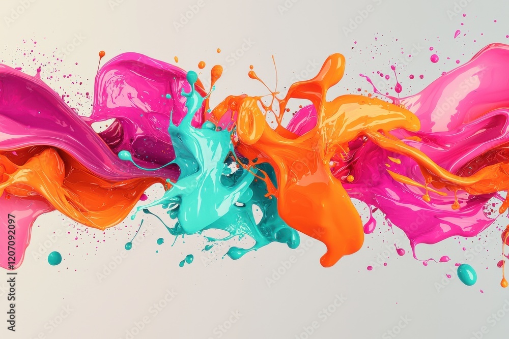 Poster energetic abstract pattern with vibrant paint splashes in pink, orange, and teal colors creating dyn