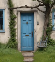 A weathered blue door of a house on a hill with a broken swing and overgrown grass , door, hill, overgrowth