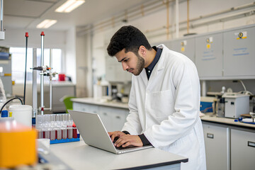 Young experimenter Research scientist in white coat at work working on laptop computer in science lab