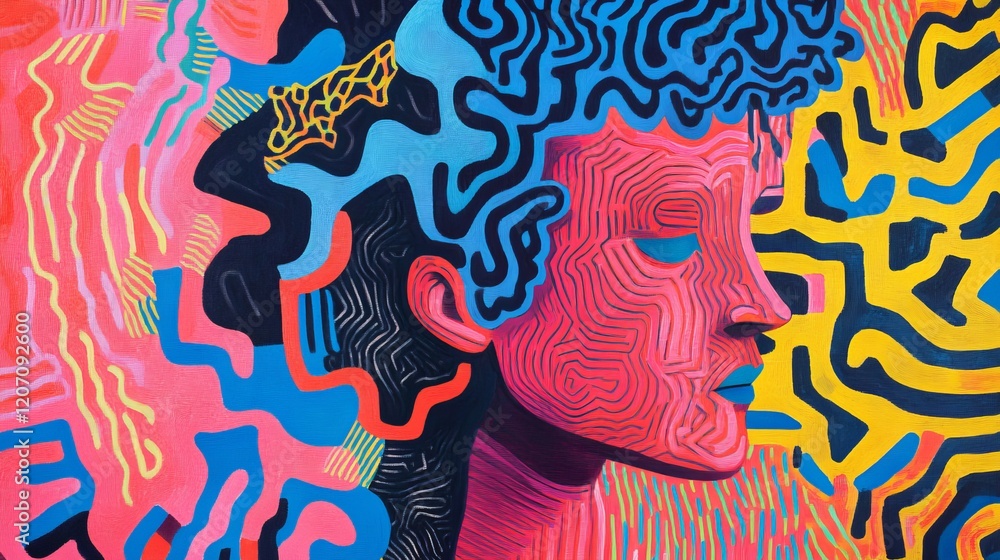 Poster Abstract Art of a Person Blending into a Colorful Complex Pattern