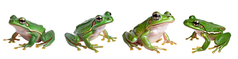 Obraz premium Adorable Green Tree Frogs Exploring Lush Tropical Nature Habitat Sitting on Leaves and Branches Closeup Macro Shot of Cute Amphibian Creatures