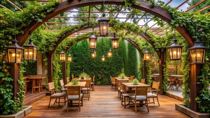 Fototapeta premium A wooden archway adorned with lanterns and ivy frames a beautiful outdoor seating area with high-top tables and chairs, ambiance, decorations, outdoor seating