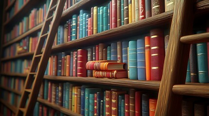 A library wall filled with colorful books with wooden shelf