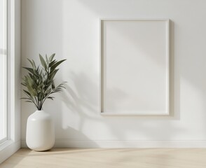 Minimalist interior with white frame mockup, plant, and sunlight.