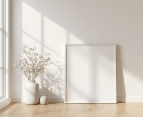 White frame mockup with dried flowers in a vase on light wood floor.