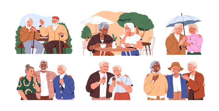 Happy senior friends, couples set. Elder people laughing. Elderly aged men, women in cafe, park, smiling, enjoying communication, old friendship. Flat vector illustration isolated on white background