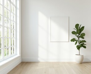 Minimalist bright room interior with large window, potted plant, and blank frame.