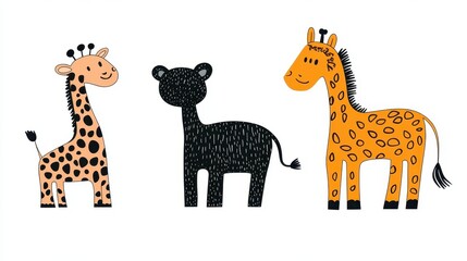 Three whimsical animal illustrations featuring giraffes and a playful black figure.