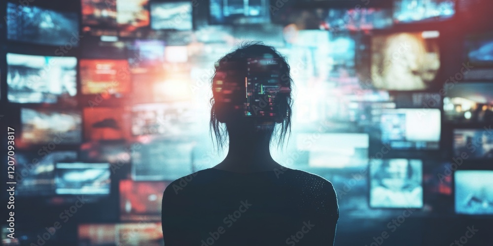 Poster surreal imaginative background with digital display and silhouette