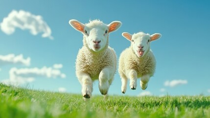 Two playful lambs running joyfully in a lush green field under a bright blue sky.