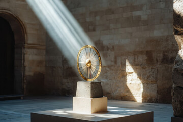 Ancient astronomical instrument illuminated by sunlight in historical setting with stone walls