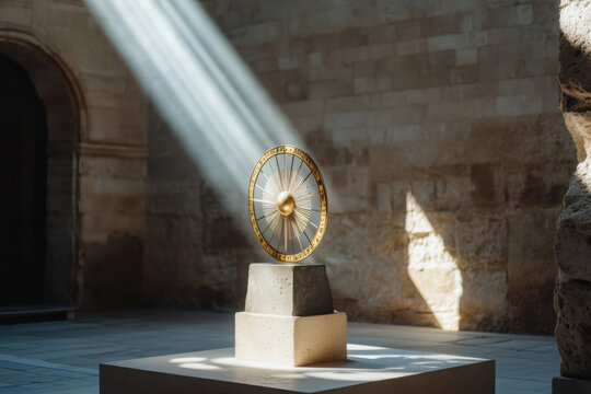 Ancient astronomical instrument illuminated by sunlight in historical setting with stone walls