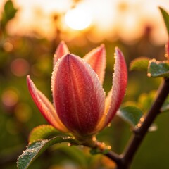 Dewy Pink Magnolia Bud Glowing in Golden Sunset Light