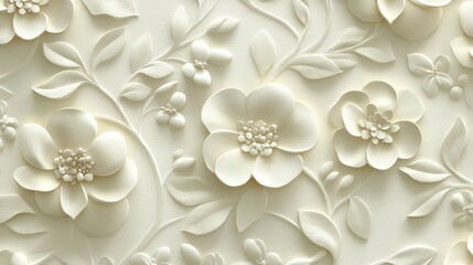 A seamless pattern of delicately embossed flowers on a white paper background, combining elegance and simplicity.