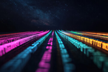 Data bars create a vibrant digital landscape with flowing numbers against a cosmic backdrop