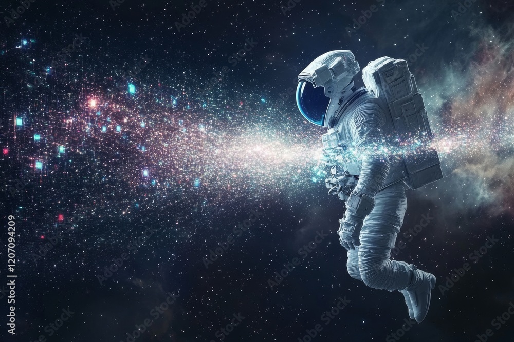 Poster astronaut floating through infinite data streams in space