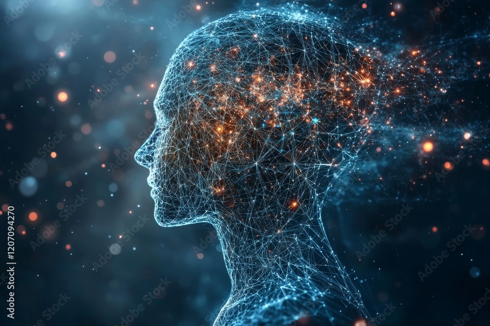 Poster a computer generated image of a face with a blue background and orange