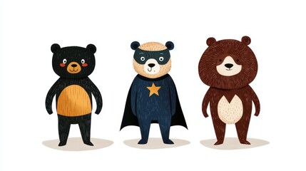 Fototapeta premium Three adorable cartoon bears in unique costumes ready for adventure.