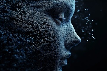 A woman's face is shown in a blurry, pixelated manner