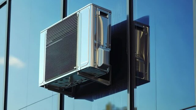 Window air conditioner is mounted on a wall. The unit is silver and has a black grill