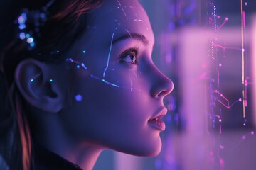 Obraz premium A woman with a face covered in glowing lights stares at something