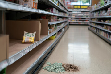 Fototapeta premium Supermarket shelves empty of food with scattered money on the floor during an unusual shopping experience