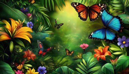 Vibrant Butterflies and Flowers in a Lush Tropical Garden
