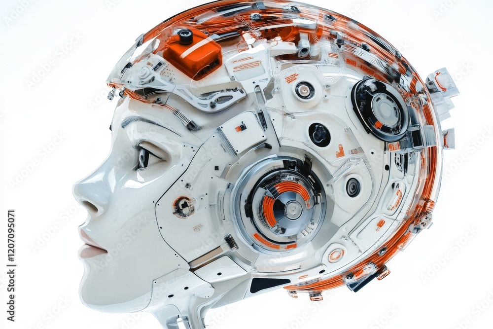 Poster a robot head with a lot of wires and buttons