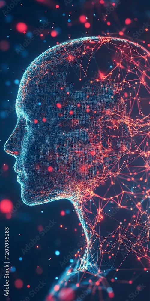 Poster a computer generated image of a face with red and blue lines
