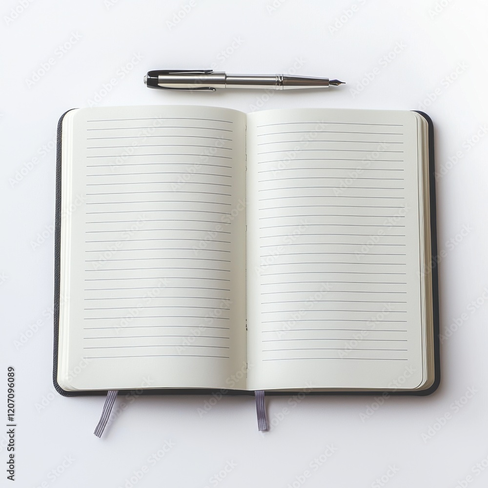 Poster crisp white lined notebook open with a metallic pen ready for writing in a minimalistic setting