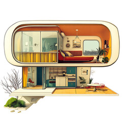 Retro futuristic house cutaway, showcasing interior design and furniture.