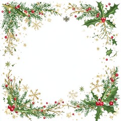 Fototapeta premium Festive Christmas Border with Holly Berries and Pine Branches