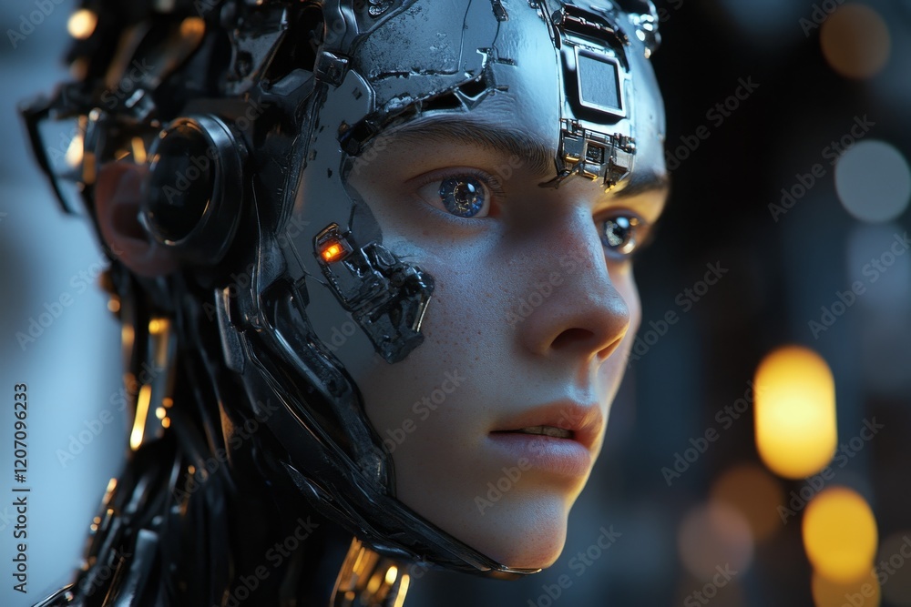 Poster a man with a robotic face is staring at the camera