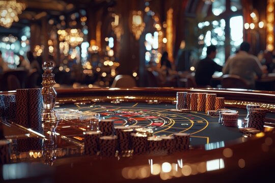 Opulent baccarat table attracts high-stakes gamblers in upscale casino during evening hours